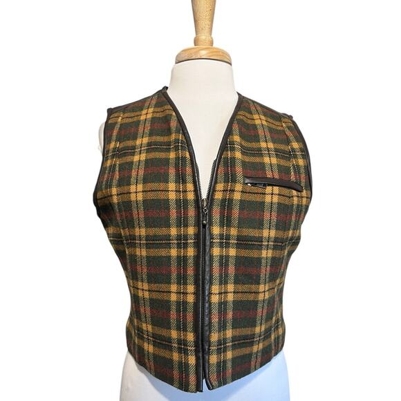 Vintage 90s Petite Sophisticate Mustard Yellow Green Tartan Plaid Wool Vest 12 - Picture 1 of 6